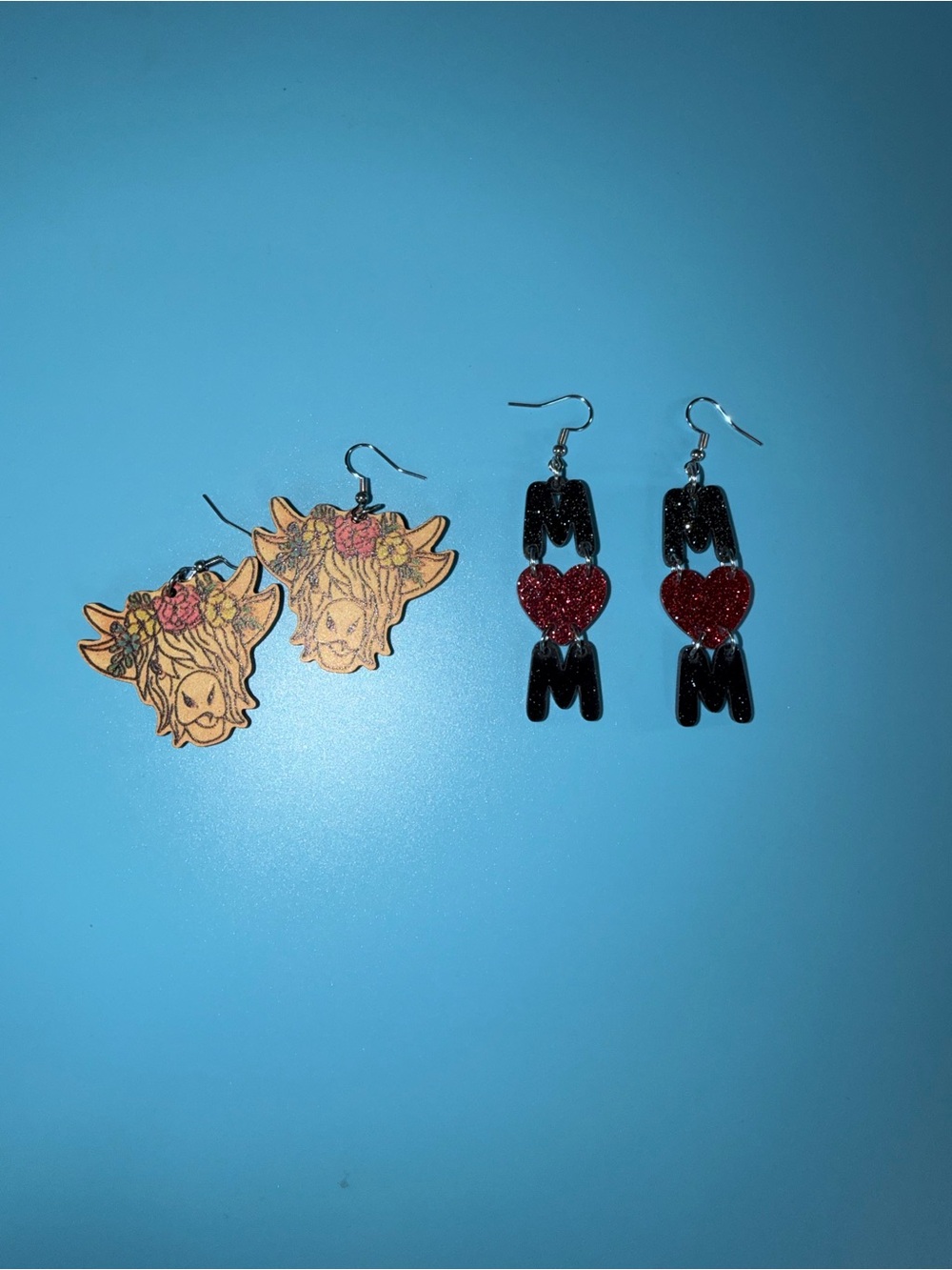 Handmade Cow & M♡M Heart Dangle Earrings Set